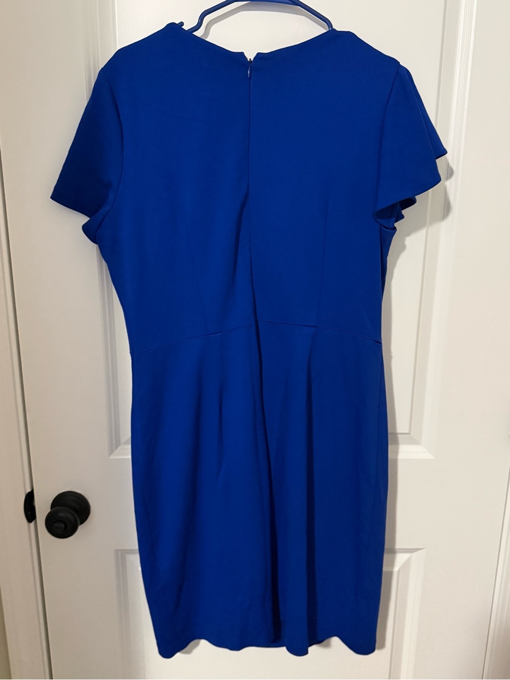 Belle Badgley Mischka Royal Blue Ruffle Sheath Dress Size 14 Flutter Sleeve - Picture 2 of 5